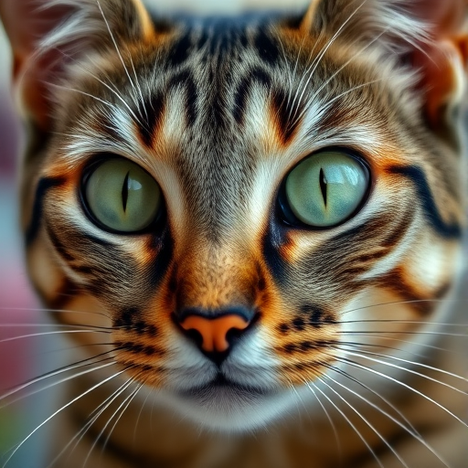 A close-up of a tabby cat with striking green eyes, captured with a Canon EOS R, using a 50mm lens at f/1.8, ISO 200, natural light, shallow depth of field, soft focus background.
