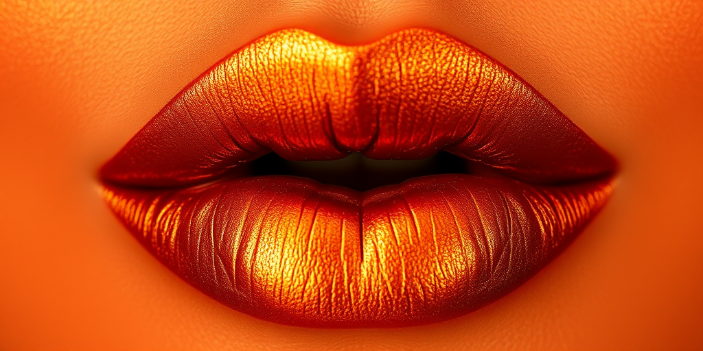 Molten bronze lips with dimensional metallic finish, sculpted and defined shape, warm and rich tones, luxurious Liquid Amber Luxe design