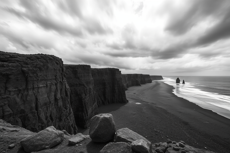 Generate a dramatic black and white landscape image of rugged cliffs alongside a beach under an ominous sky, capturing the textures of the rock formations, using a DSLR camera, aperture f/8, shutter speed 1/125s, ISO 200, wide-angle lens, and capturing it from a low angle for depth.