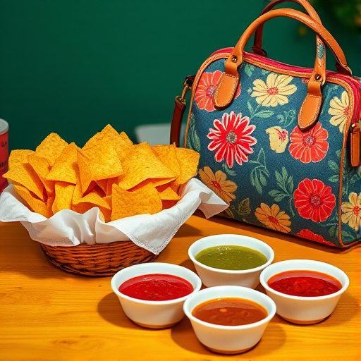 Capture a vibrant tabletop scene featuring a floral handbag beside a basket of tortilla chips and three small bowls of salsa and dipping sauces, using a Canon EOS R5, 50mm lens, f/1.8 aperture, ISO 200, natural light, and a slightly elevated angle for a dynamic composition.