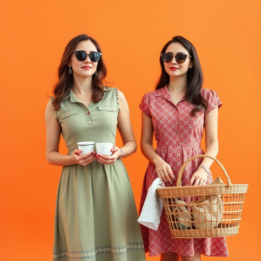 two women in vintage dresses with sunglasses standing in front of an orange background, one holding a coffee cup and the other holding a laundry basket, soft lighting, aperture f/2.8, shutter speed 1/125s, ISO 100, portrait orientation, DSLR camera, natural light style