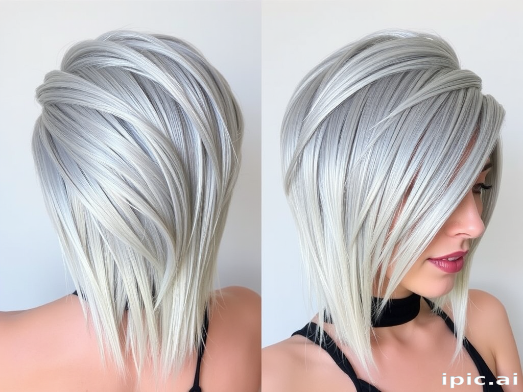 Metallic silver hair styled in a futuristic asymmetrical cut with sharp angles and geometric shapes, featuring holographic accents for a space-age aesthetic called Mercury Maven