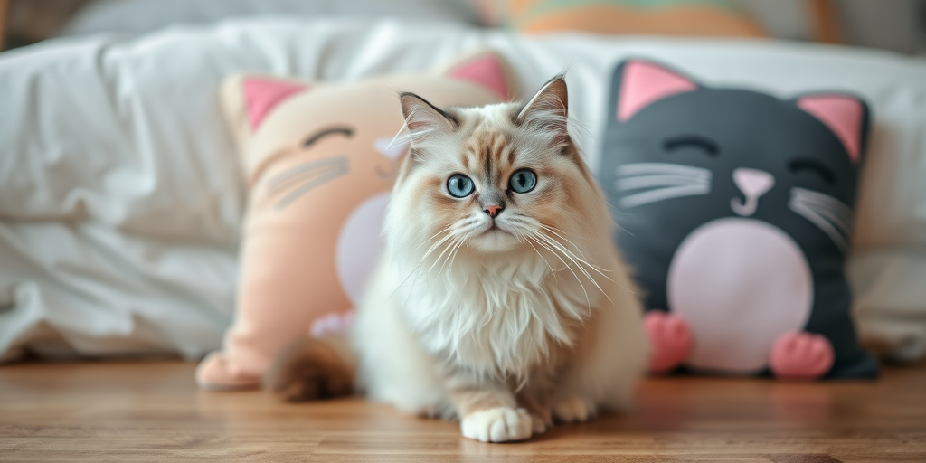 A fluffy white and gray cat with striking blue eyes sitting on a wooden floor in front of plush cat-themed pillows with pink accents in a cozy room setting. The cat has long fur and a serious expression, while the background features a softly lit bed with pastel colors.