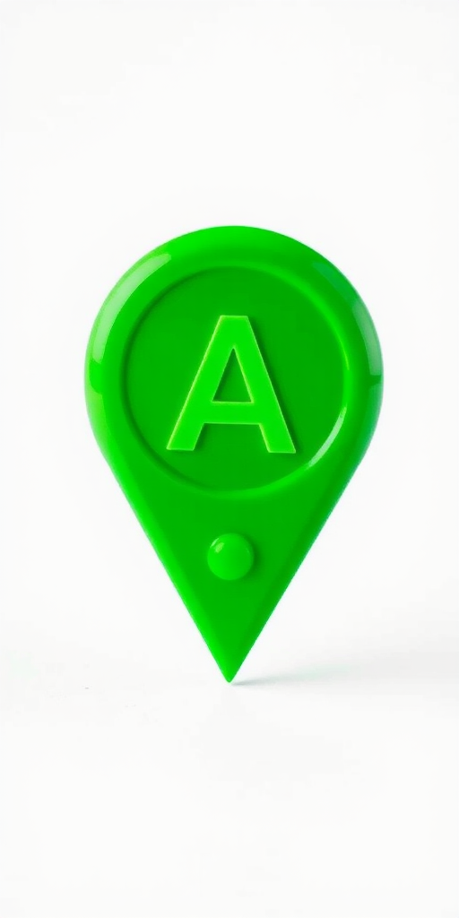 Create a high-resolution image of a green location pin with the letter "A" in the center, using a DSLR camera with a 50mm lens, aperture set to f/2.8, ISO 100, and a shallow depth of field to blur the background, capturing the pin against a clean white backdrop.