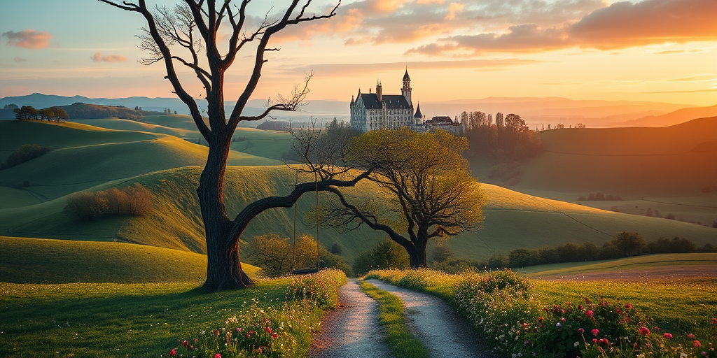 Create a vibrant digital landscape of rolling hills with a majestic castle in the background, a tree with a swing in the foreground, flowers along the path, taken with a Canon EOS R5 at f/8, ISO 200, 24mm focal length, top-down view, soft focus style for a dreamy effect.