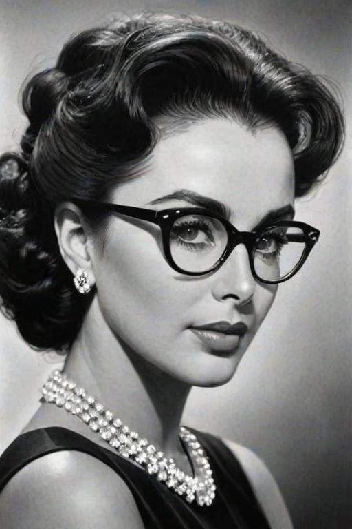 Captivating Elizabeth Taylor, pencil sketch, portrait of Comely woman 1939s in glasses, hair style beatnik, outline, clear lines, fine lines, 8k