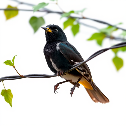 Capture a close-up shot of a myna bird perched on a vine-covered wire with a plain white background, using a DSLR camera, 50mm lens, aperture f/2.8, shutter speed 1/500s, ISO 200, and natural lighting for vibrant colors and sharp details.
