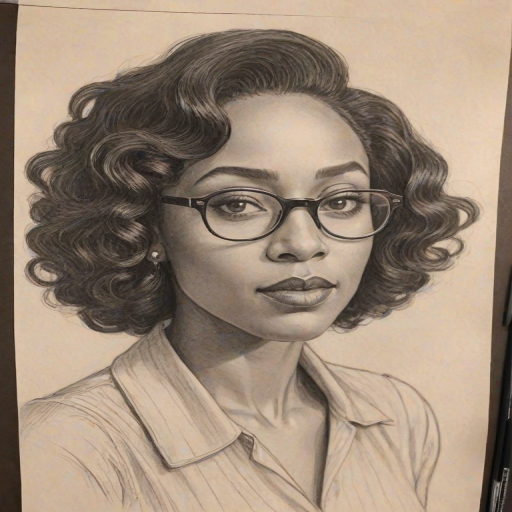 Sublime Simone Missick, pencil sketch, portrait of Exquisite woman 1930s in glasses, hair style beatnik, outline, clear lines, fine lines, 8k