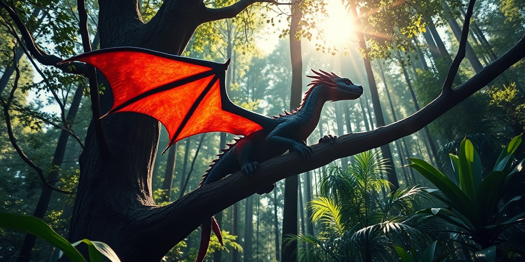 fantasy dragon perched on a tree branch in a lush forest with sunlight streaming through the leaves, dynamic angle, f/8 aperture, 1/125 sec shutter speed, ISO 100, DSLR camera, vibrant colors, high dynamic range