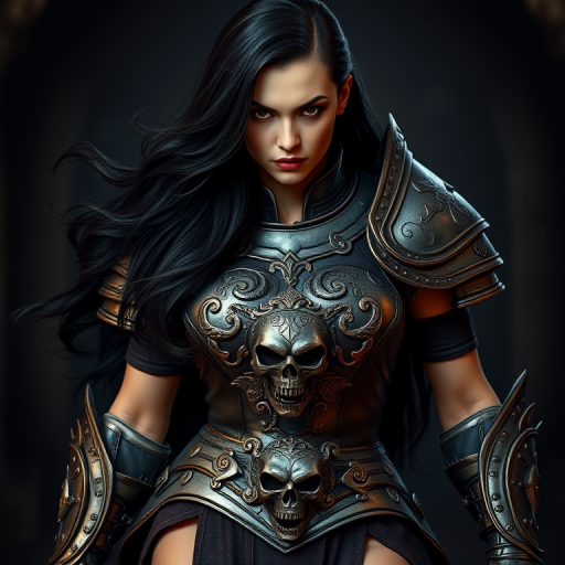 Create a photo of a fierce female warrior with long black hair, wearing an ornate, metallic armor. The armor includes a breastplate with intricate designs, shoulder guards, and gauntlets. The breastplate is decorated with a central emblem, possibly representing a mythical symbol, and has a sculpted, form-fitting design. She wears a belt with a large skull ornament at the center, and her armor extends into a partial skirt, revealing one leg. The overall look is both protective and stylish, with a dark, gothic aesthetic. The background is dimly lit, suggesting a medieval or fantasy setting, enhancing the warrior's imposing presence and intense expression.