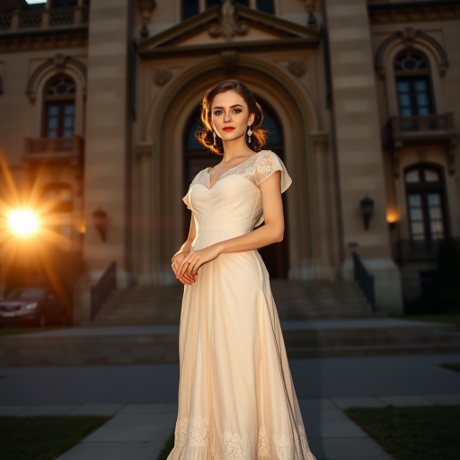 An elegant woman, dressed in a vintage gown, stands in front of a grand, historic building. The setting sun casts a warm, golden light on her