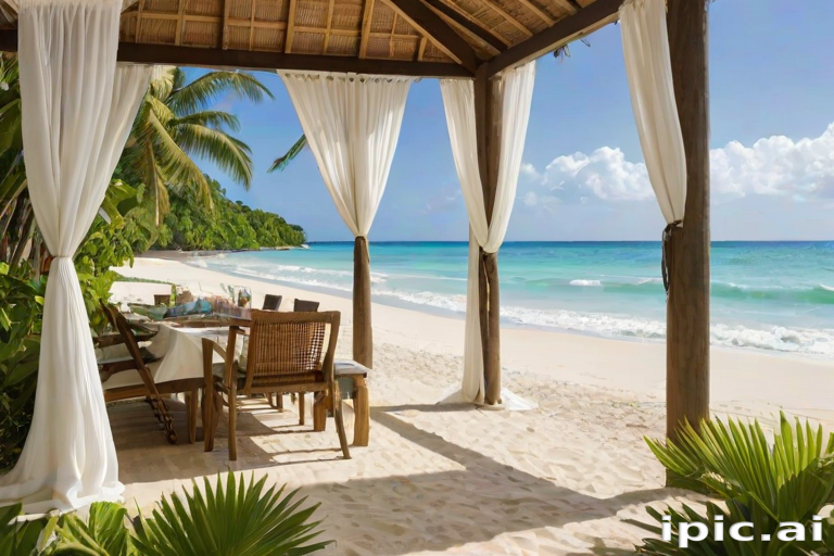 Create a picturesque tropical beach scene featuring a serene, white sandy shore. In the foreground, there's a rustic wooden canopy with white drapes gently flowing in the breeze. Underneath the canopy, a table is set with tropical decor, evoking a sense of relaxation and leisure. The beach extends into a calm, shallow water area with reflections of the sky and surroundings. Palm trees and lush greenery line the edge of the beach, providing a natural, tropical backdrop. The sky is clear with a few scattered clouds, and the overall atmosphere is tranquil and inviting, perfect for a peaceful retreat.