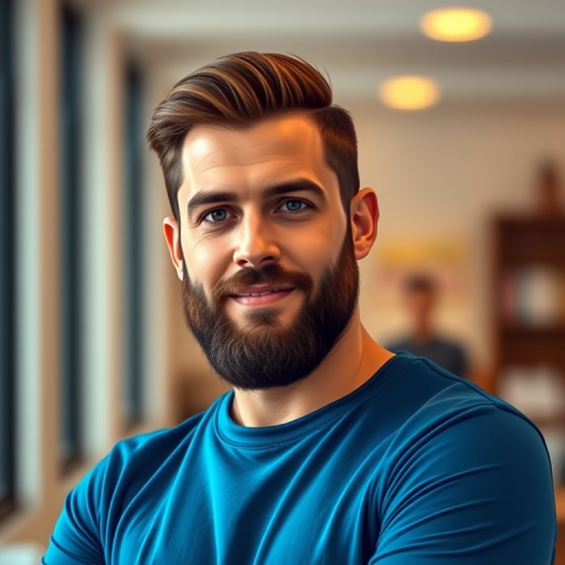 Generate a high-quality vector art illustration of a man with a beard and short hair, wearing a blue long-sleeve shirt, captured with a Canon EOS 5D Mark IV, 50mm lens, aperture f/2.8, ISO 100, in a well-lit setting with a shallow depth of field for a soft background blur.