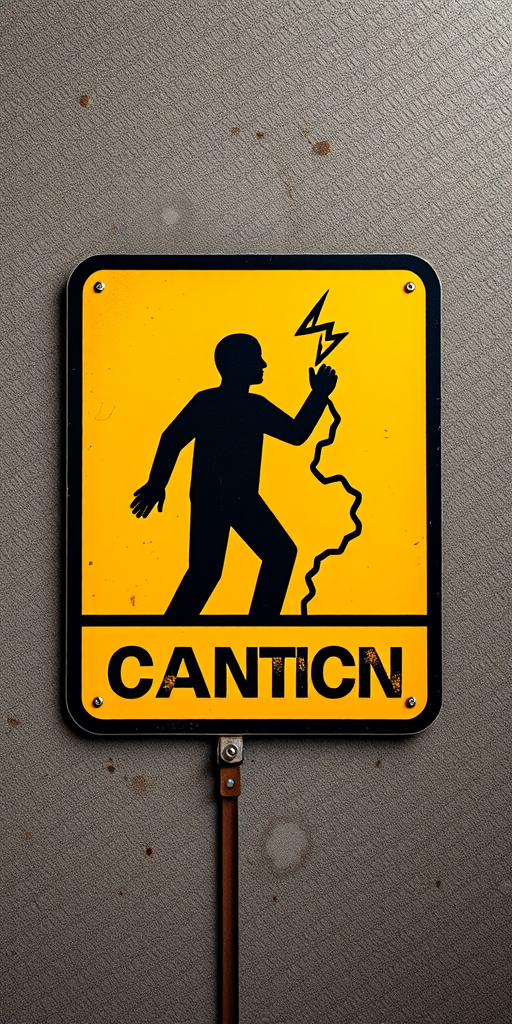 Create a high-resolution image of a caution sign featuring a silhouette of a person being electrocuted, shot with a DSLR camera at f/8 aperture, 1/250s shutter speed, and ISO 200, captured in a flat lay style with vibrant colors and high contrast.