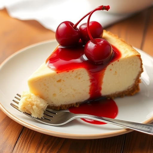 A delicious slice of cheesecake with a creamy filling and a graham cracker crust topped with shiny cherries and a glossy cherry sauce on a plate with a fork beside it, set on a wooden table with a white napkin.