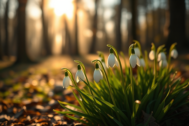 Snowdrop flowers in a sunlit forest with soft focus on the foreground, shot at f/2.8 aperture, ISO 100, 1/250s shutter speed, using a macro lens on a full-frame DSLR camera with a golden hour backlighting effect.
