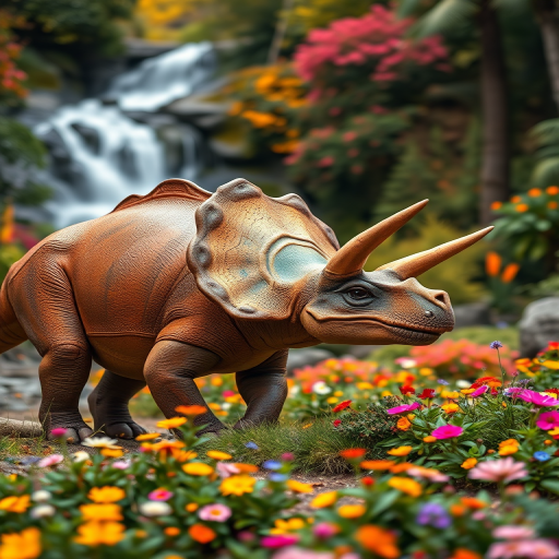 Triceratops walking near a waterfall in a vibrant forest filled with flowers, highly detailed, 35mm lens, aperture f/8, ISO 100, soft focus with vibrant colors, DSLR photography.