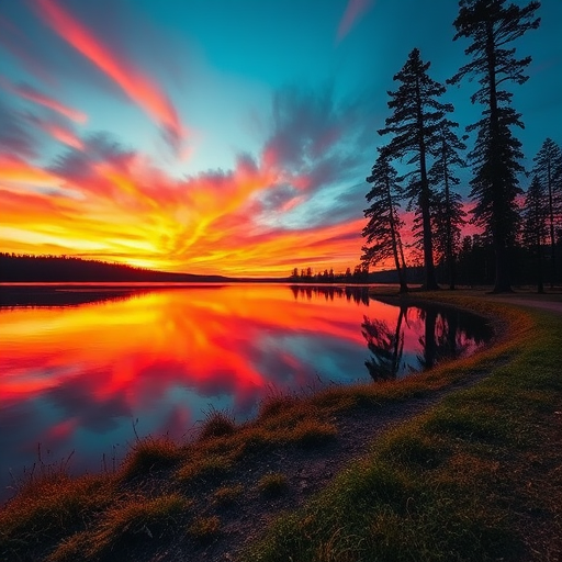 Create a highly detailed image of a serene landscape at sunset, showcasing vibrant colors in the sky reflecting on a calm lake, with tall trees on one side, using a DSLR camera at f/8 aperture, ISO 100, 1/125 sec shutter speed, shot from a low angle for a dramatic perspective.