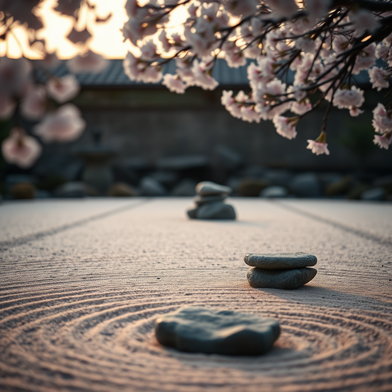 Soft-focus image of a tranquil zen garden at dawn, with raked sand patterns, carefully placed stones, and soft pink cherry blossoms framing the scene in the background.