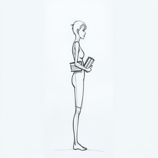 Create a detailed sketch of a tall, slender figure standing in profile, holding a stack of books, with a focus on fine line work and shading, using a DSLR camera with an f-stop of 4.0, ISO 100, and 50mm lens for a shallow depth of field, capturing natural lighting from the side to enhance texture and detail.