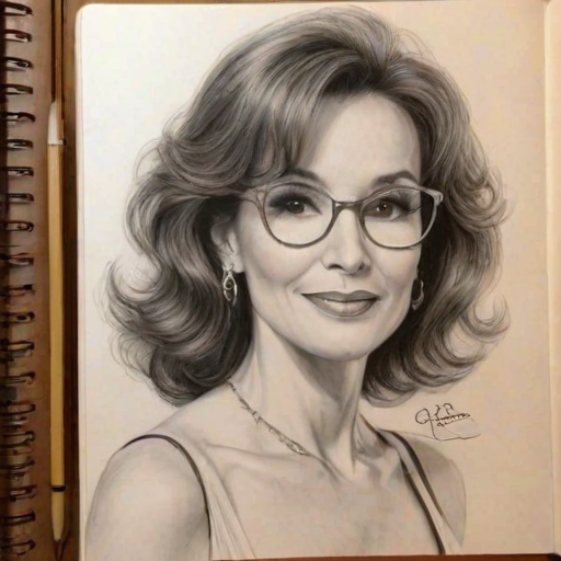 Bewitching Susan Lucci, pencil sketch, portrait of Superb woman 1927s in glasses, hair style beatnik, outline, clear lines, fine lines, 8k