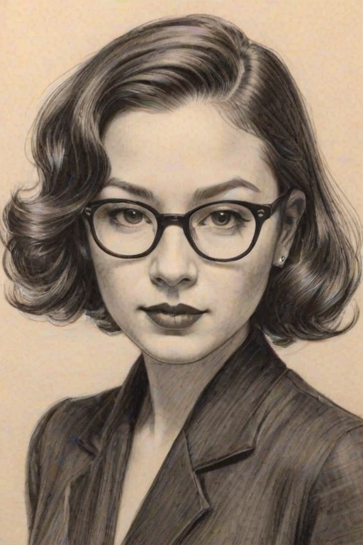 Magnificent Aubrey Anderson-Emmons, pencil sketch, portrait of Bewitching woman 1933s in glasses, hair style beatnik, outline, clear lines, fine lines, 8k