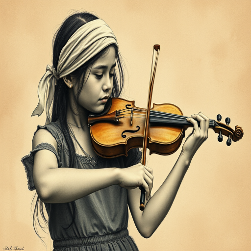 a young Mapuche woman with a white headband playing a violin, in the style of a charcoal drawing, sepia grunge background