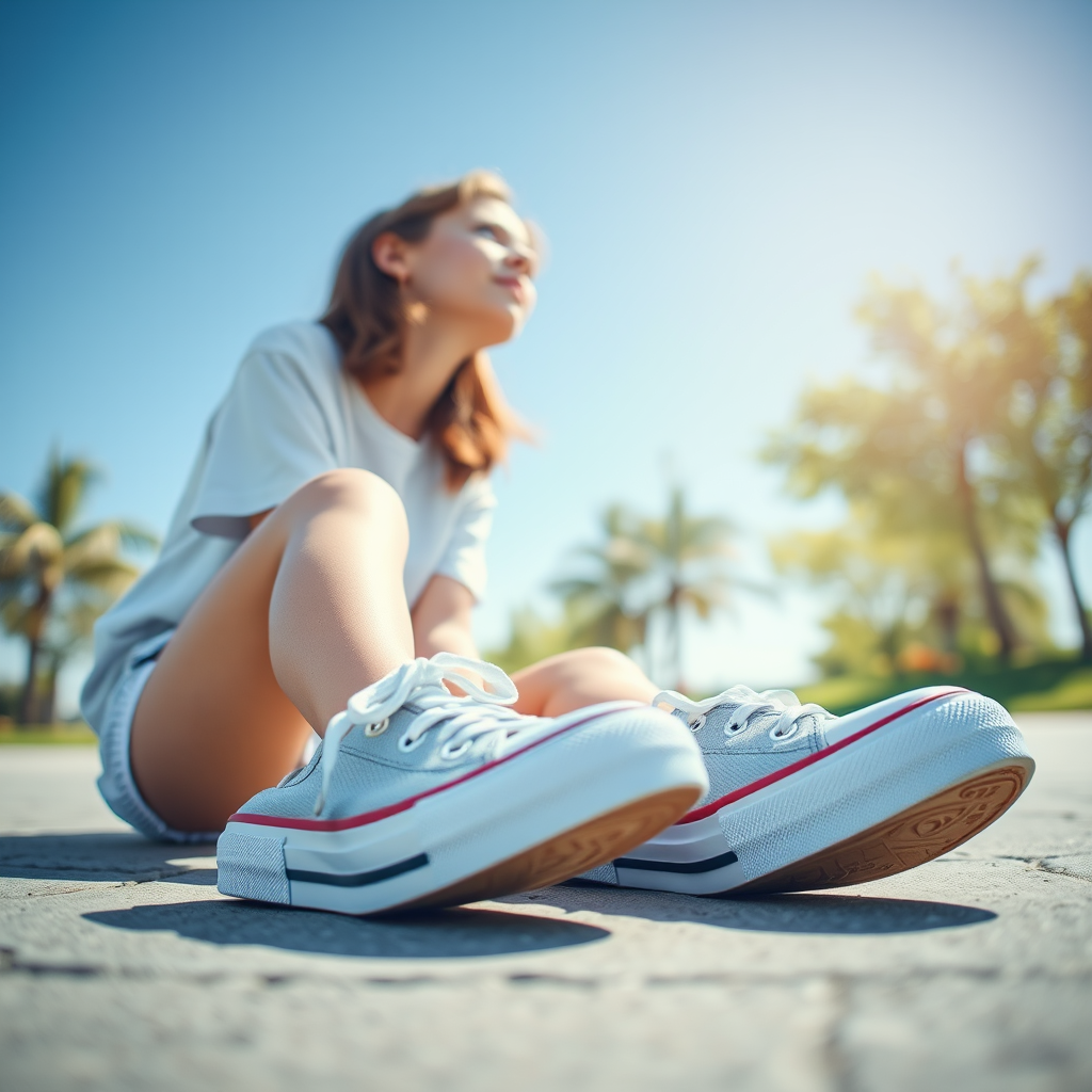 Generate an ultra-realistic, highly detailed, high-definition photograph. It's a photo of a girl sitting on the floor. She's looking at the horizon. The photo is taken from the bottom up, at ground level. The girl's sneakers are in the foreground, in the center of the scene. The girl is wearing light clothes, a t-shirt and short shorts. The sky is blue. Bright environment. The background is a blurred image of a park.