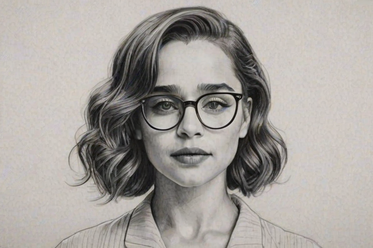 Gorgeous Emilia Clarke, pencil sketch, portrait of Splendid woman 1932s in glasses, hair style beatnik, outline, clear lines, fine lines, 8k