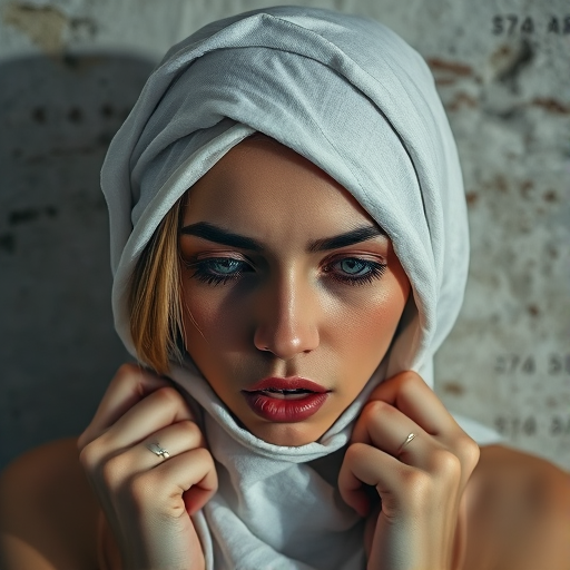 Create a close-up photographic image of a Assyrian woman with light skin tones shown against an old, worn wall. Their head is wrapped in a white cloth covering (i.e.... parts of the head except the nose and mouth, which are open as if they are screaming...), with a slight texture and visible folds in the fabric. Thin strands of blonde hair escape from the wrapping above, falling lightly at the top and sides. Their hands hold the fabric as if they are tugging nervously. The lighting is dramatic and even, casting strong shadows. The image has a minimalist and surreal style with an emphasis on simplicity with soft color tones. The composition is centered.