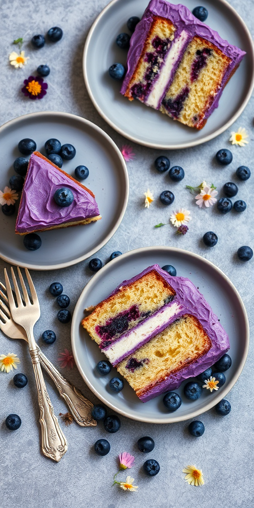 A beautiful display of slices of blueberry cake with purple frosting arranged on gray plates scattered with fresh blueberries and edible flowers, featuring vintage silver forks beside the plates, all set on a textured gray surface.