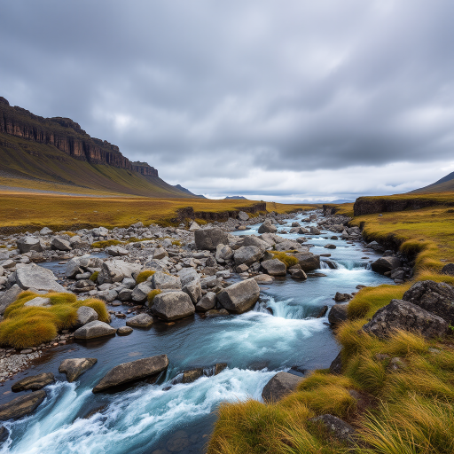 generate a landscape scene featuring a cascading river with clear water flowing over rocky terrain, surrounded by grassy areas and rugged cliffs under a cloudy sky