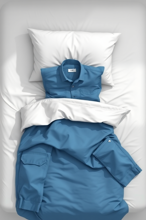 Generate a digital illustration of a unmade bed with a pillow, a blue shirt, and blue pants draped over it, using a top-down perspective, with a DSLR camera type, f/2.8 aperture, ISO 100, and a soft lighting setup for enhanced image quality.
