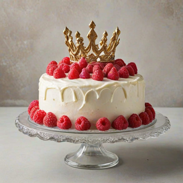 Create an image of a beautifully decorated cake with a smooth white frosting and a crown of fresh raspberries on top. The cake should have a glossy finish and be presented on a glass cake stand. The background should be simple and elegant, enhancing the cake as the focal point.