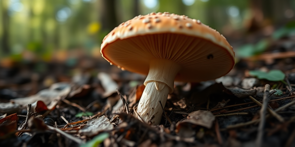 Close-up of a mushroom in a forest setting, shallow depth of field, natural light, ISO 100, aperture f/2.8, shutter speed 1/250s, photographed with a DSLR camera using a macro lens.