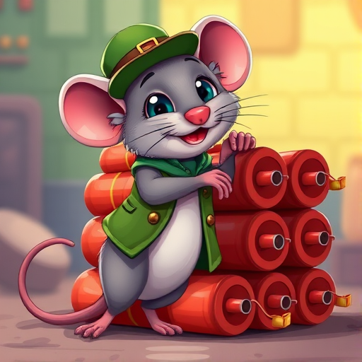 create a cartoon style image of a gray mouse wearing a green hat and vest, casually leaning against a stack of cartoonish dynamite sticks with fuses, in vibrant colors and a playful design, with a 50mm lens, f/2.8 aperture, ISO 100, vibrant colors, soft focus background, digital illustration style