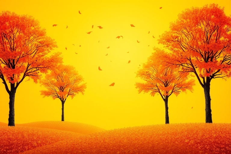 Create a vibrant autumn landscape with four stylized orange trees against a bright yellow background, capturing falling leaves, using a DSLR camera with a 50mm lens, aperture set at f/4, ISO 200, and a slight bokeh effect for depth.