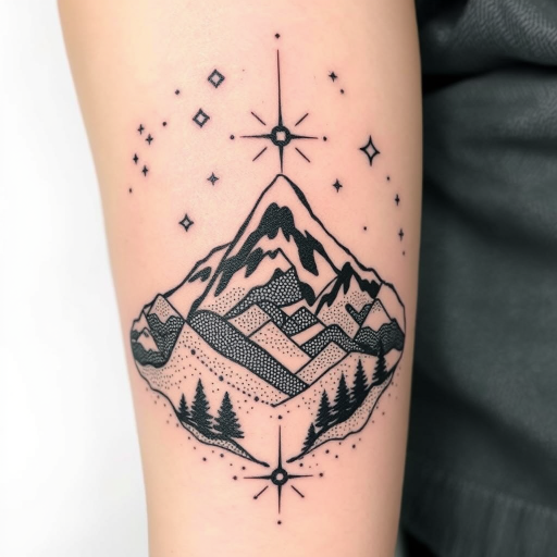 Dotwork landscape tattoo called "Celestial Terrain" using thousands of tiny dots to create a dreamy mountainscape merging with a starry night sky and cosmic elements