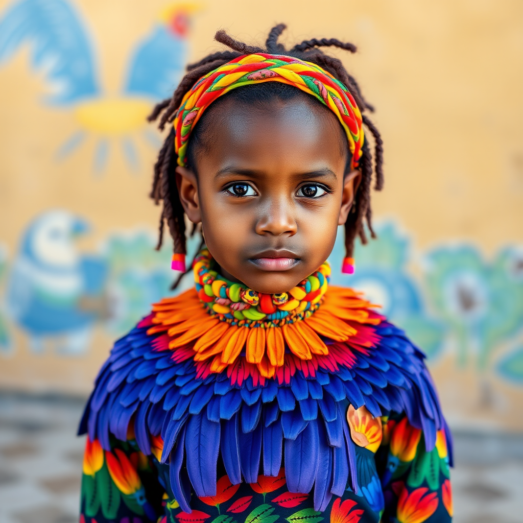 A beautiful Cape Verdean girl, wearing colorful bird clothing with vibrant colors