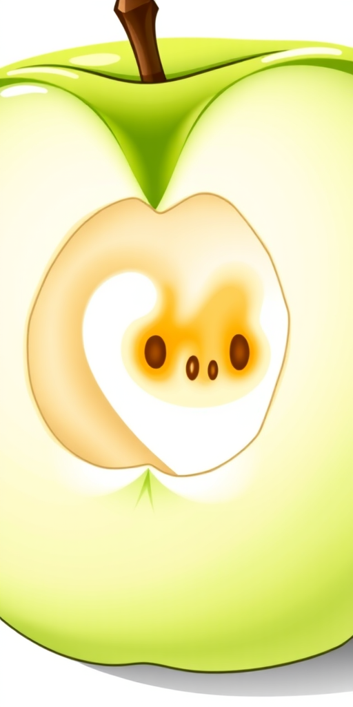 Regenerate an illustration of a green apple core on a white background, use a digital drawing style, with bright colors and smooth lines, taken with a high-resolution camera at f/2.8 aperture, 50mm lens, ISO 100, natural lighting for clarity and vibrancy.