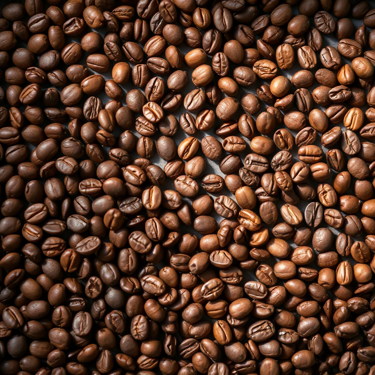 high-resolution image of a surface covered with an assortment of coffee beans in various shades, top-down view, natural lighting, 50mm lens, f/2.8 aperture, ISO 100, digital SLR camera
