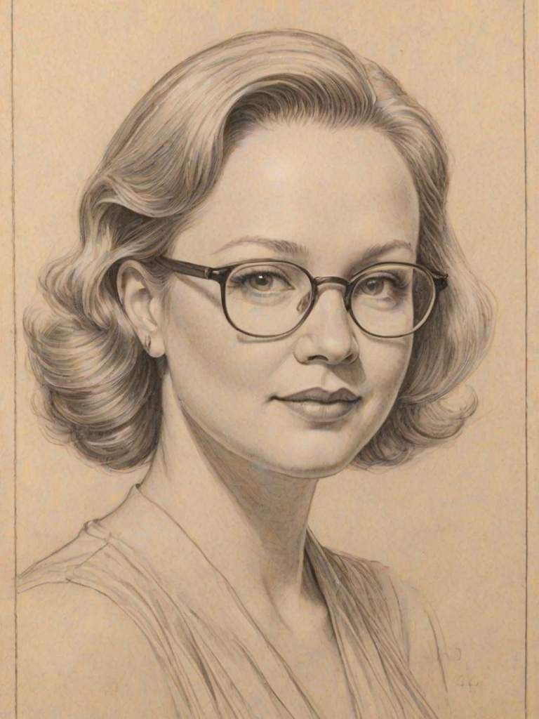 Superb Caroline Rhea, pencil sketch, portrait of Graceful woman 1938s in glasses, hair style beatnik, outline, clear lines, fine lines, 8k