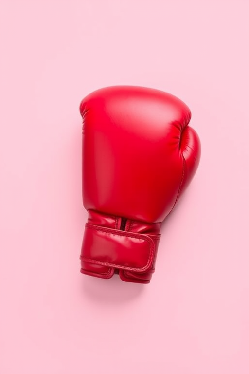 red boxing glove on a plain background, high resolution, aperture f/5.6, ISO 100, focal length 50mm, DSLR camera, top view, studio lighting