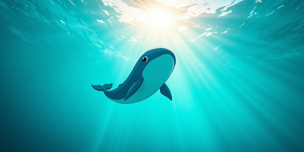 Underwater scene of a cartoon whale swimming up towards the surface, bright turquoise water with sun rays penetrating, shot with a DSLR camera at f/8, 1/200s, ISO 200, wide-angle lens, capturing a clear, vibrant image.