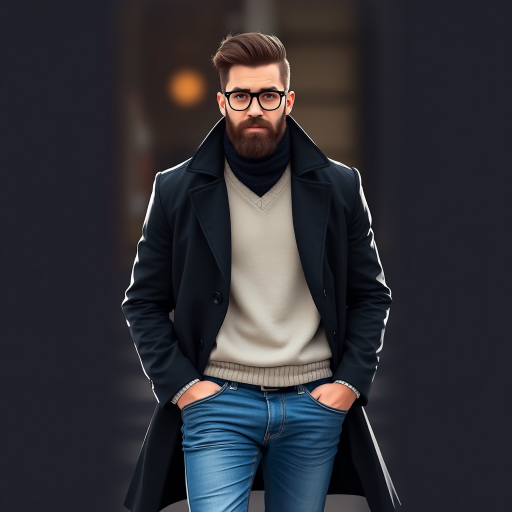 Create a high-resolution digital illustration of a fashionable man with a beard wearing a black coat over a light sweater and blue jeans, captured in a full-body view with a soft focus background using a DSLR camera at f/2.8 aperture, ISO 100, and 50mm lens to enhance depth of field and detail.
