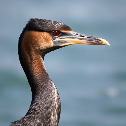 close-up of a cormorant with sharp focus, shallow depth of field, natural lighting, ISO 200, f/4, 1/500s, taken with a DSLR camera using a 300mm lens, side profile view against a blurred watery background