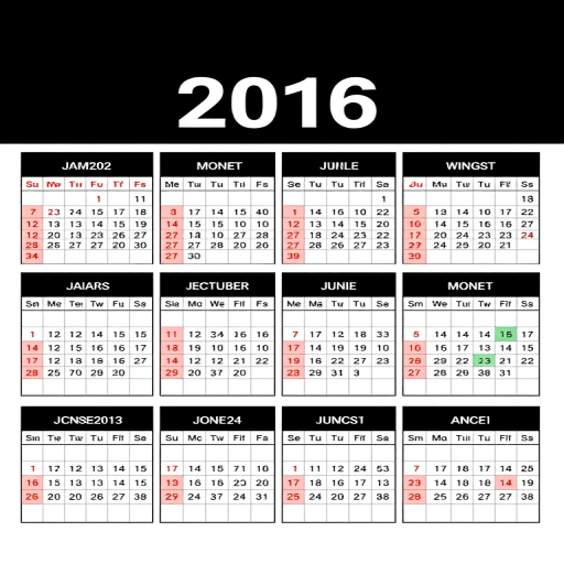 Create a high-resolution image of a yearly calendar for 2016, featuring a clean design with bold black borders, clearly marked dates in red and green, and a modern font; use a Canon EOS R5 with a 24-70mm f/2.8 lens, aperture set to f/5.6, ISO 100, and a shallow depth of field to enhance visual clarity and contrast.