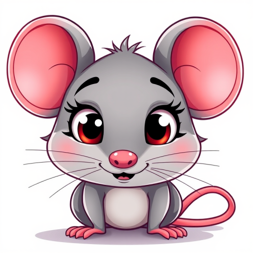 Create a vibrant cartoon image of a cute gray mouse with pink curly ears, large expressive eyes, and a small nose, using a digital art style with a bright color palette, camera settings at ISO 100, f/8 aperture, 50mm lens, and a focus on soft lighting for a cheerful effect.
