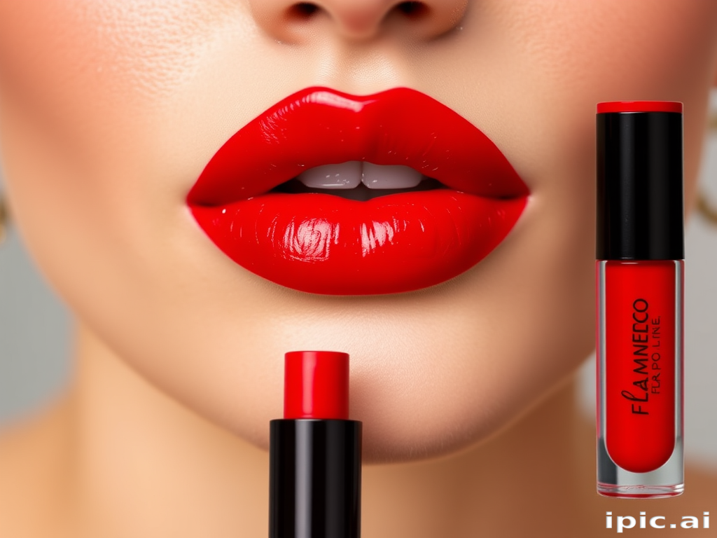 Fiery red "Flamenco Flame" liquid lip paint with a vinyl finish, delivering intense color payoff and a high-impact glossy look for special occasions