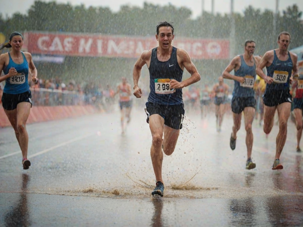 Blurry action shot of a runner crossing a finish line in the rain, water spraying up from their shoes, with soft light from the stadium casting long shadows and cheering spectators blurred in the background.